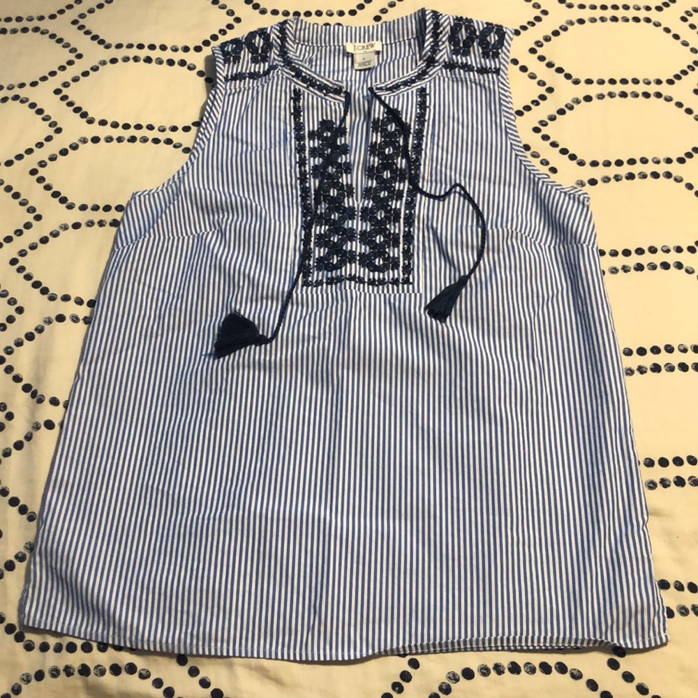 J. Crew embroidered sleeveless top. White and blue. Excellent condition.